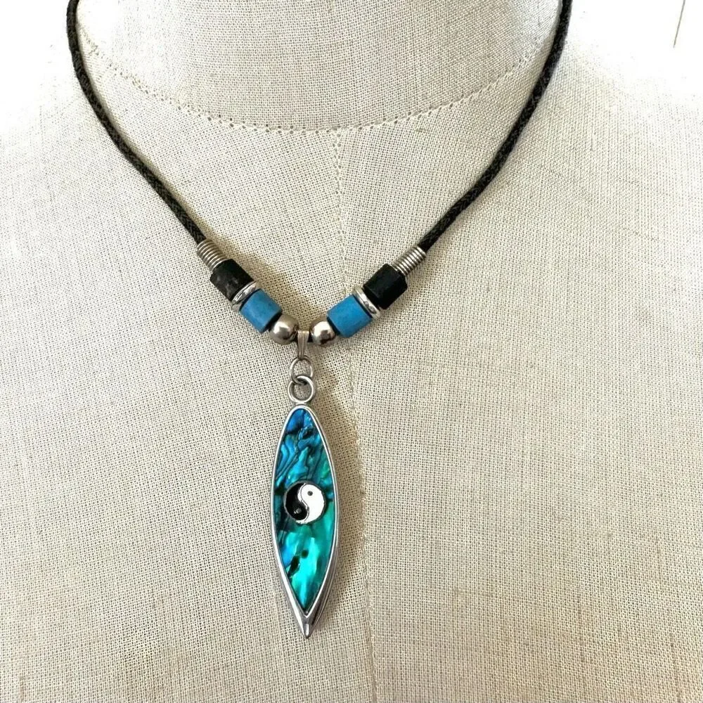 Abalone Paua Shell Yin Yang Surfboard Pendant Necklace